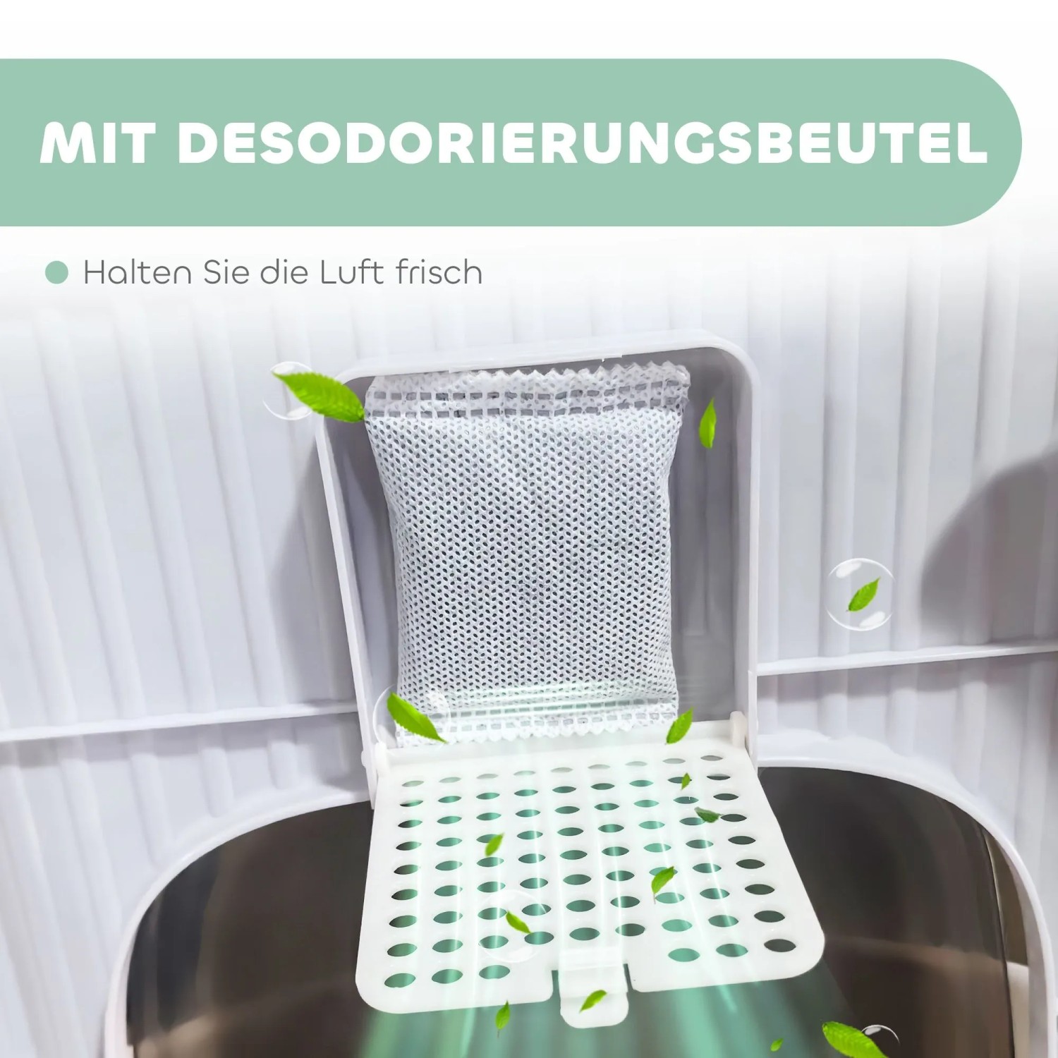 Weißer Desodorierungsbeutel im PawHut Katzenklo. Sorgt für Geruchskontrolle und frische Luft in der Katzentoilette.