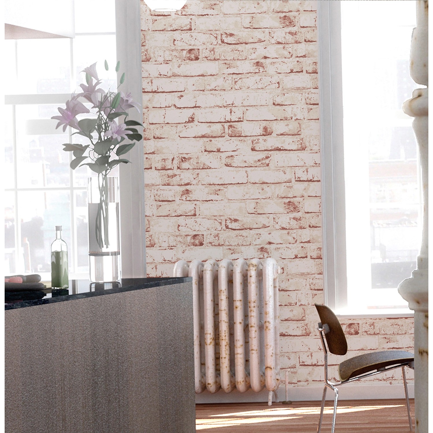 Vliestapete New England Klinker in Wohnraum-Szene mit Backsteinmuster und Used-Look.