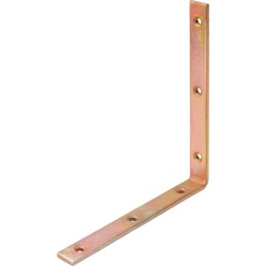 Gelb verzinkter Konstruktionswinkel, 180x180x20 mm, mit Löchern für Schrauben.