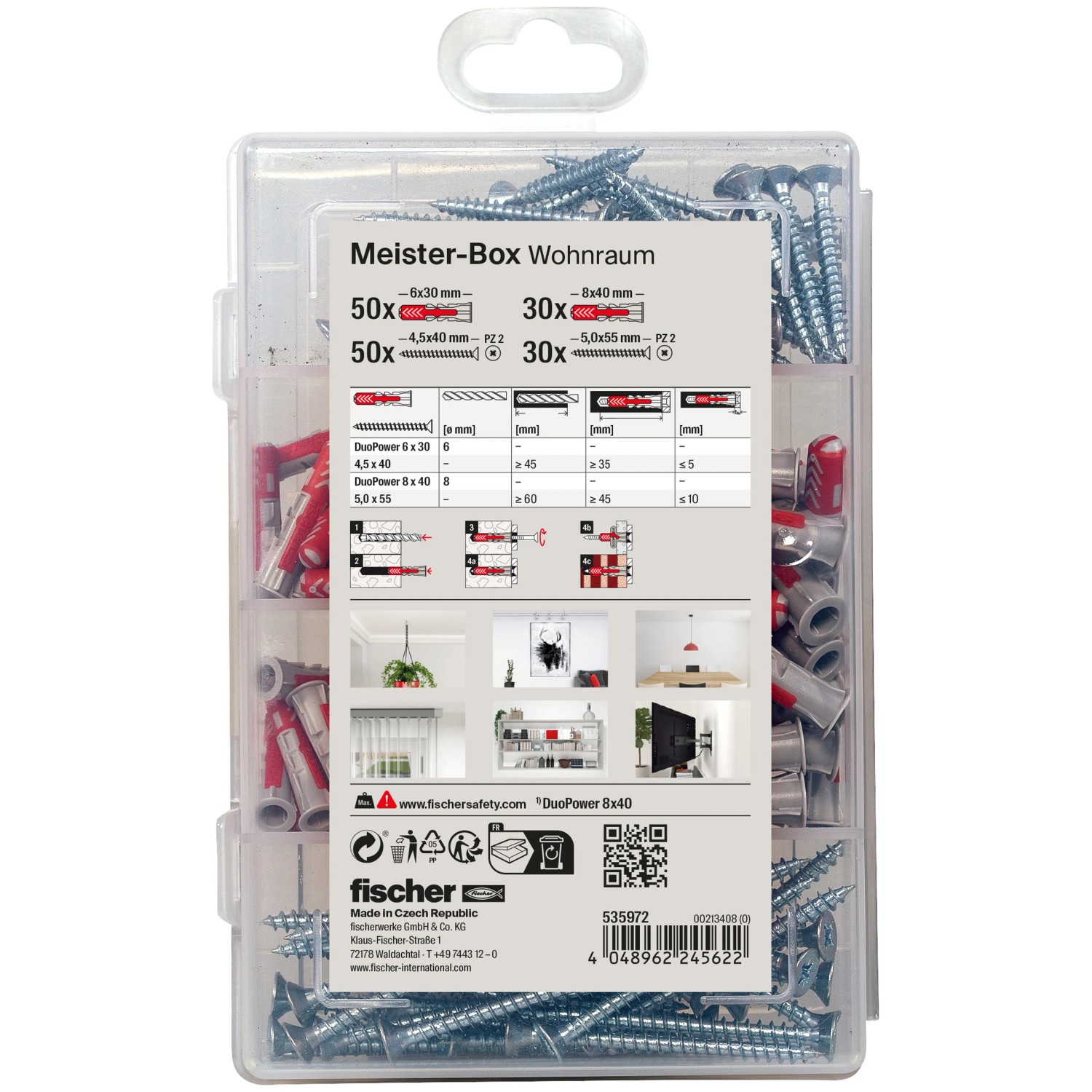 Fischer Meister-Box Wohnraum mit 160 Dübeln und Schrauben, sortiert in transparenter Kunststoffbox.