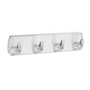 Transparente Wenko Hakenleiste mit 4 Haken zum Ankleben, ideal für Bad und Haushalt.