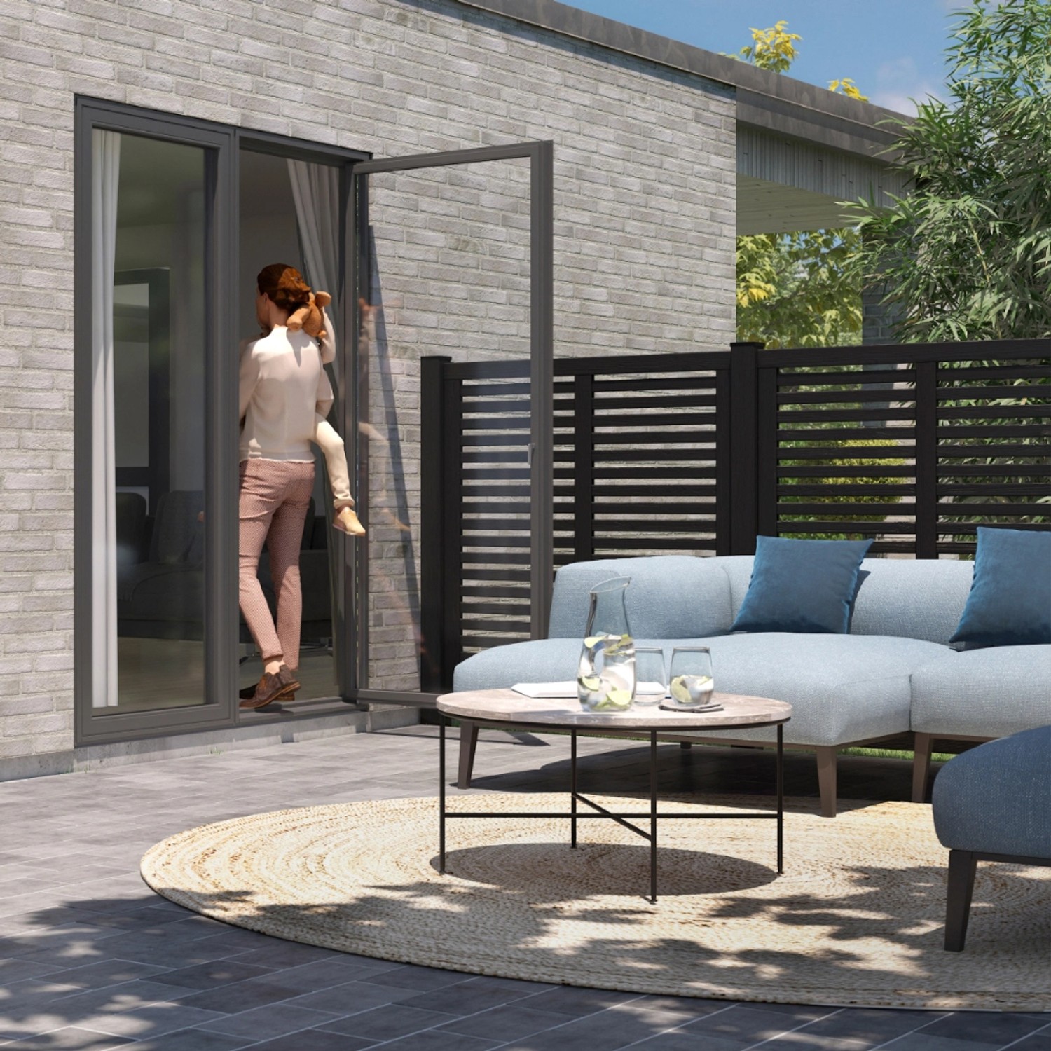 Schwarzer Sichtschutzzaun Harmoni aus Nadelholz, 120x140 cm, im Garten mit Lounge-Möbeln.