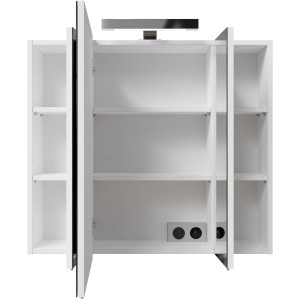 Offener Pelipal Spiegelschrank Quickset 312, weiß glänzend, mit Einlegeböden und Aufsatzleuchte.