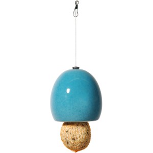 Blauer Keramik-Meisenknödelhalter mit Meisenknödel zum Aufhängen. Vogelhaus Zubehör.