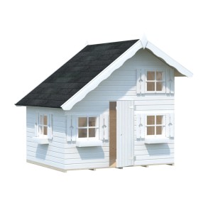 Palmako Spielhaus Tom, 3,8 m², weiß lackiert, mit Fensterläden und Leiter zum Schlafboden.