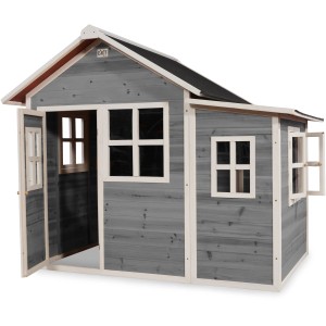 Graues EXIT Loft 150 Holzspielhaus mit geöffneter Tür und Fenster zum Aufklappen.