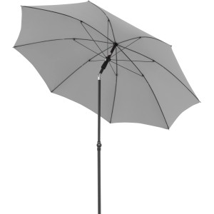 Hellgrauer Doppler Marktschirm (Ø 208 cm) mit Handöffner, ideal für Garten und Terrasse.