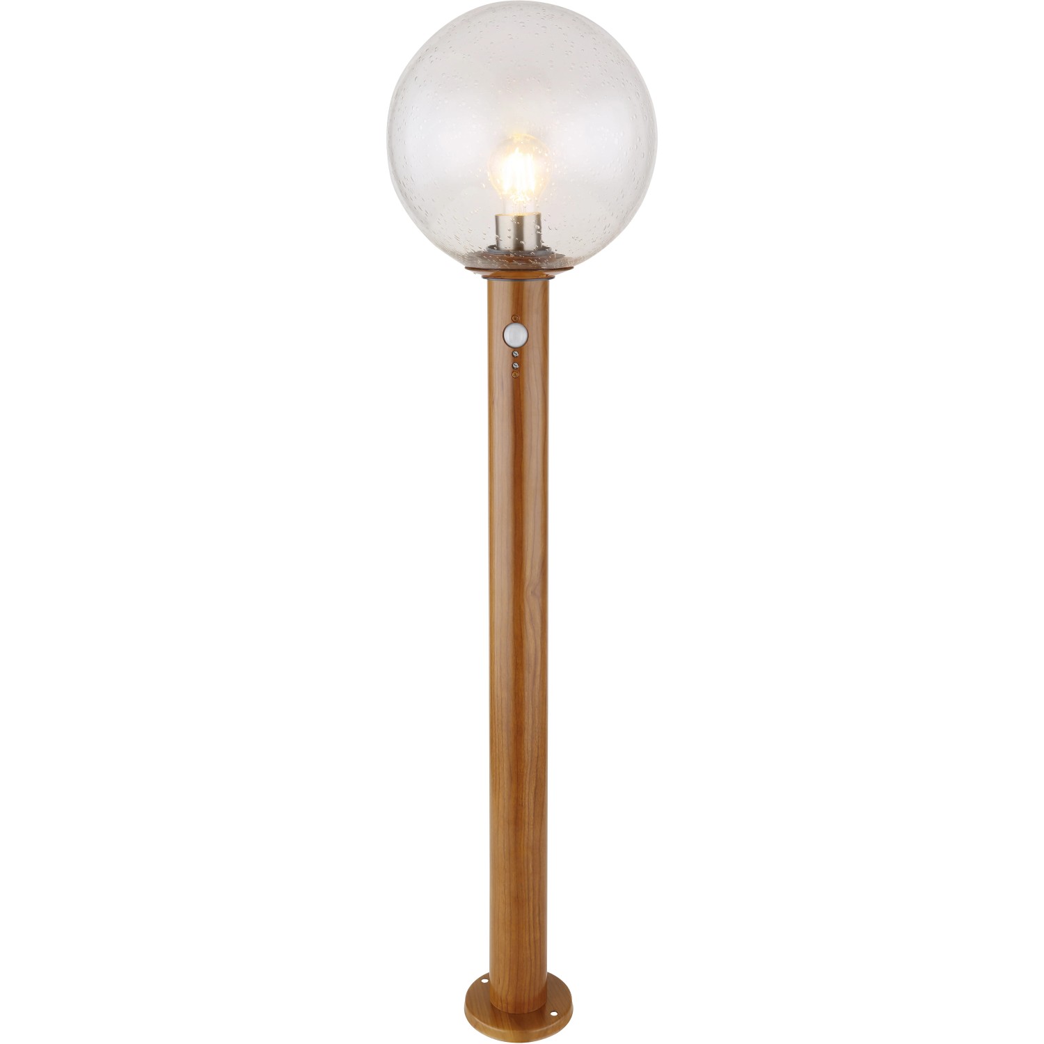 Globo Wegeleuchte Ossy mit Bewegungsmelder, Holzoptik, Glaskugel klar, 100cm hoch.