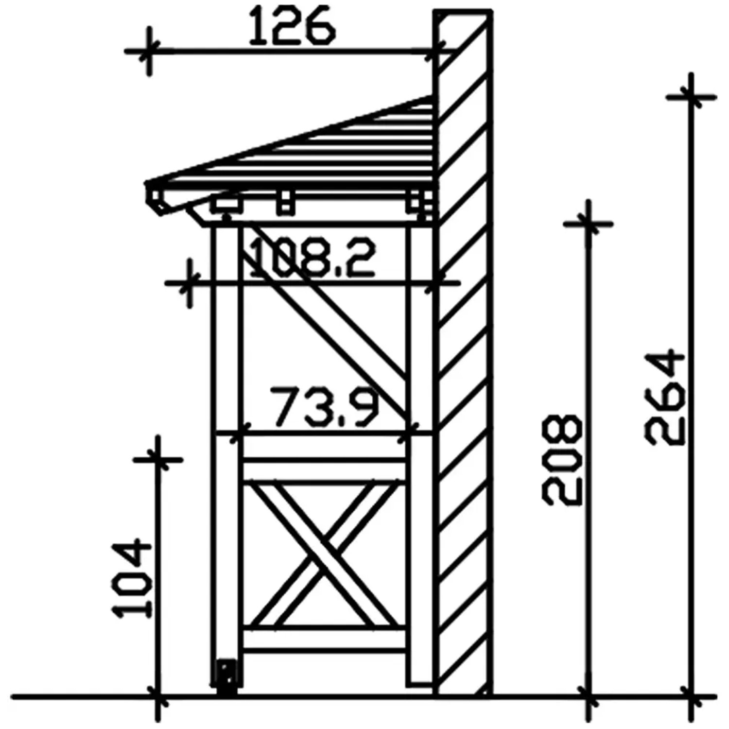 Technische Zeichnung: Skan Holz Vordach Wesel 3, Eiche hell lasiert, Maße 188x126 cm. Details zu Ständern, Pfetten, Sparren.