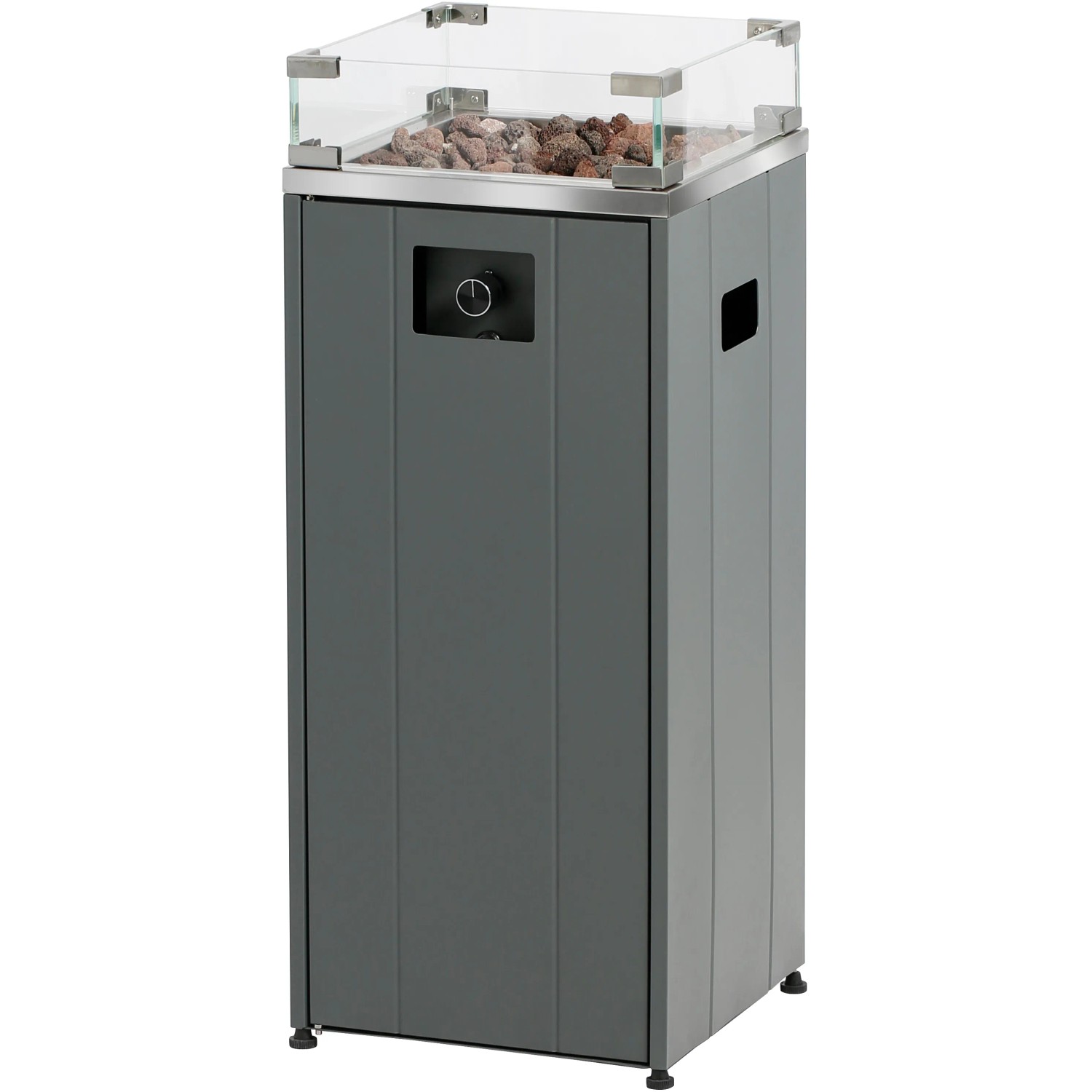 Buschbeck Terrassenheizer Loungefeuer Malta Grau 7,5 kW mit Lavasteinen und Glaswindschutz.