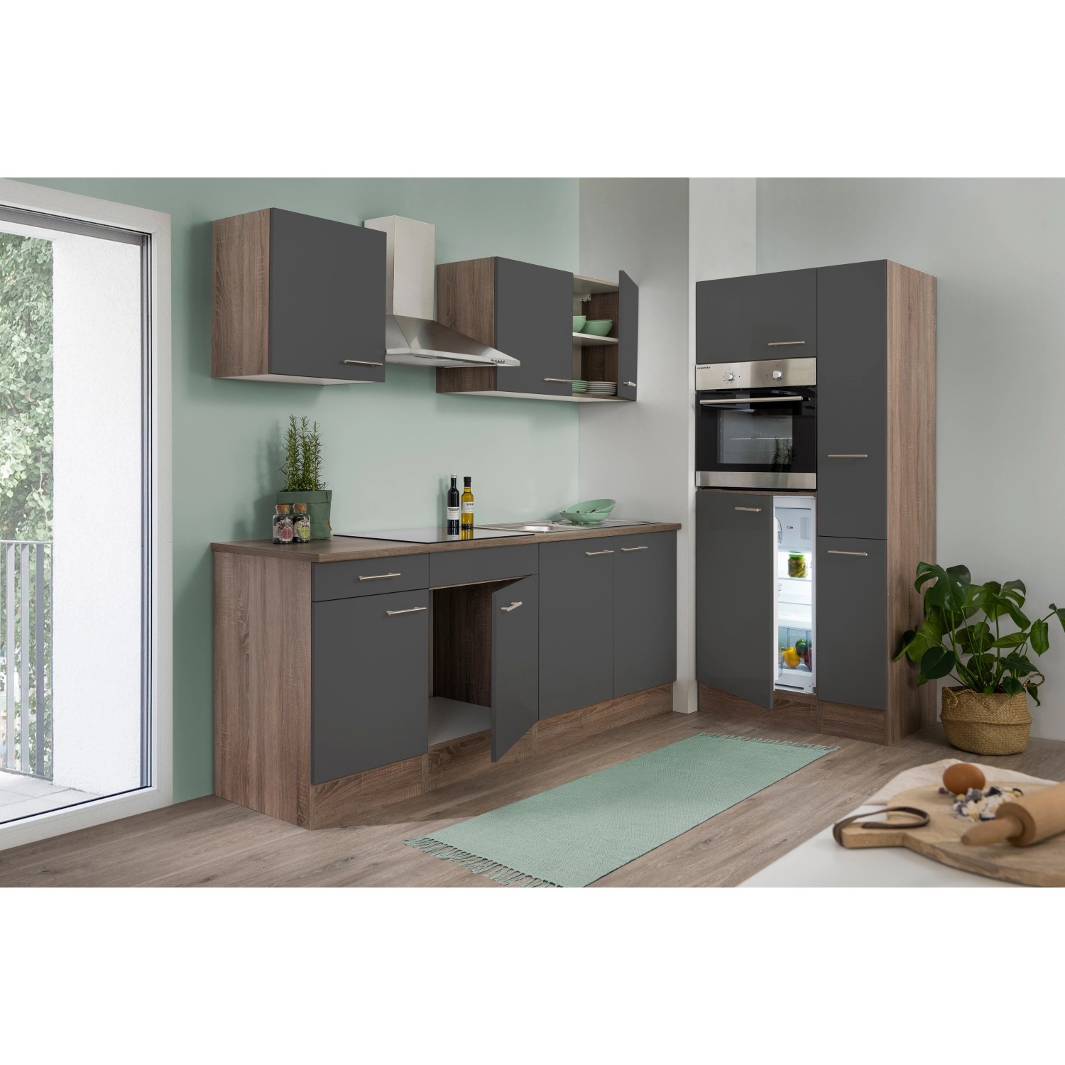 Respekta Küchenzeile KB300EYG, 300 cm, Grau Seidenglanz/Eiche York Nachbildung, mit E-Geräten.