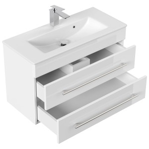 Posseik Waschplatz Vela SlimLine, 80 cm, weiß, mit offenem Schubladen und Edelstahlgriffen.