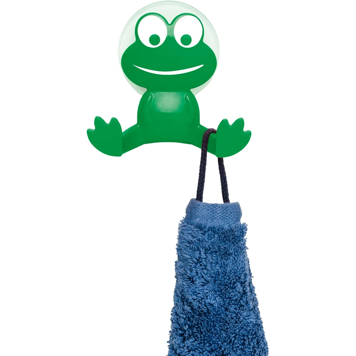 Grüner Wenko Saughaken Frosch mit blauem Handtuch, ideal für Bad und Kinderzimmer.