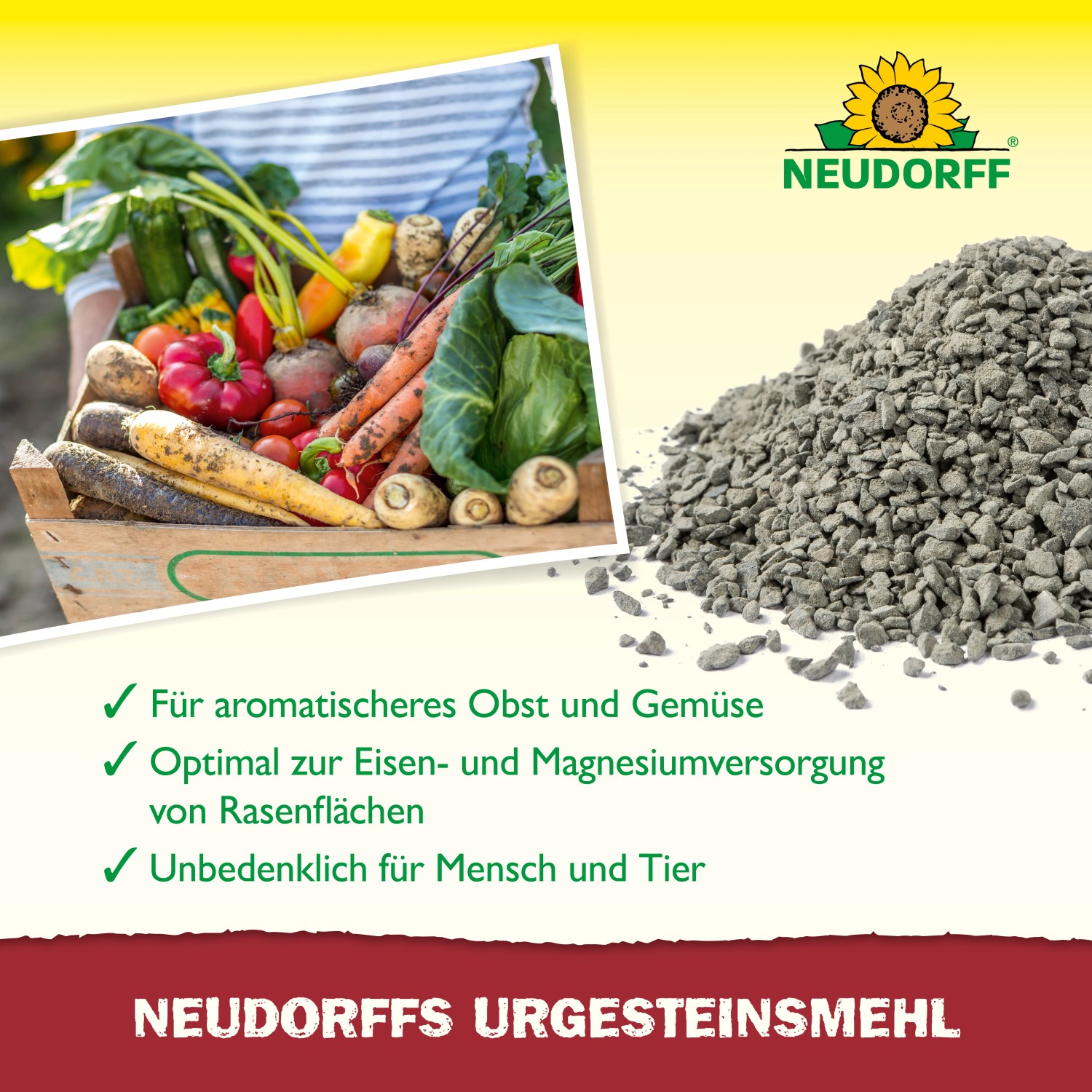Neudorff Urgesteinsmehl 2,5 kg mit Gemüse und Haufen Urgesteinsmehl. Bodenhilfsstoff zur Bodenverbesserung.