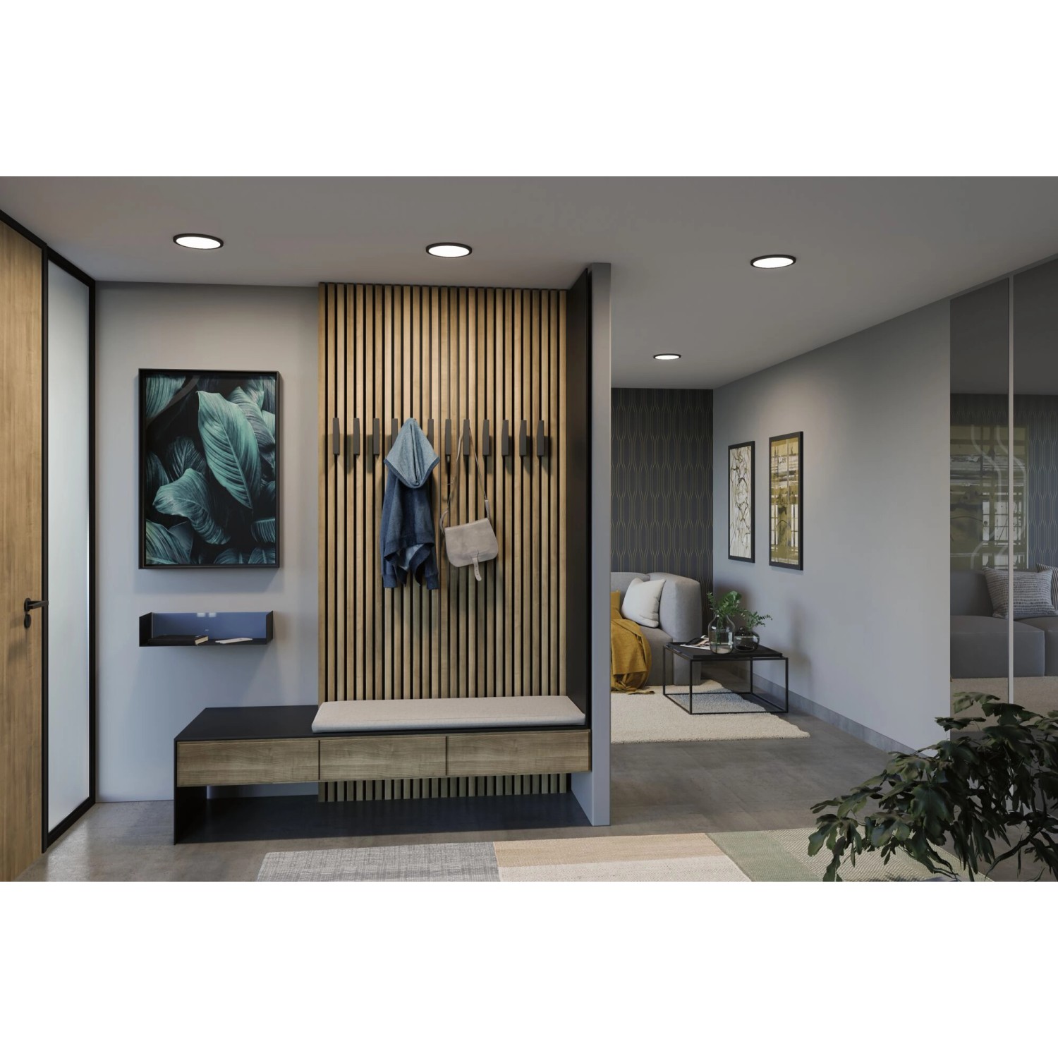 Schwarzes Paulmann LED-Einbaupanel Areo VariFit, 17,5 cm, in einem modern beleuchteten Flur.