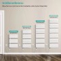 Vier weiße Emke elektrische Badheizkörper in verschiedenen Größen an einer Wand, mit Thermostat.