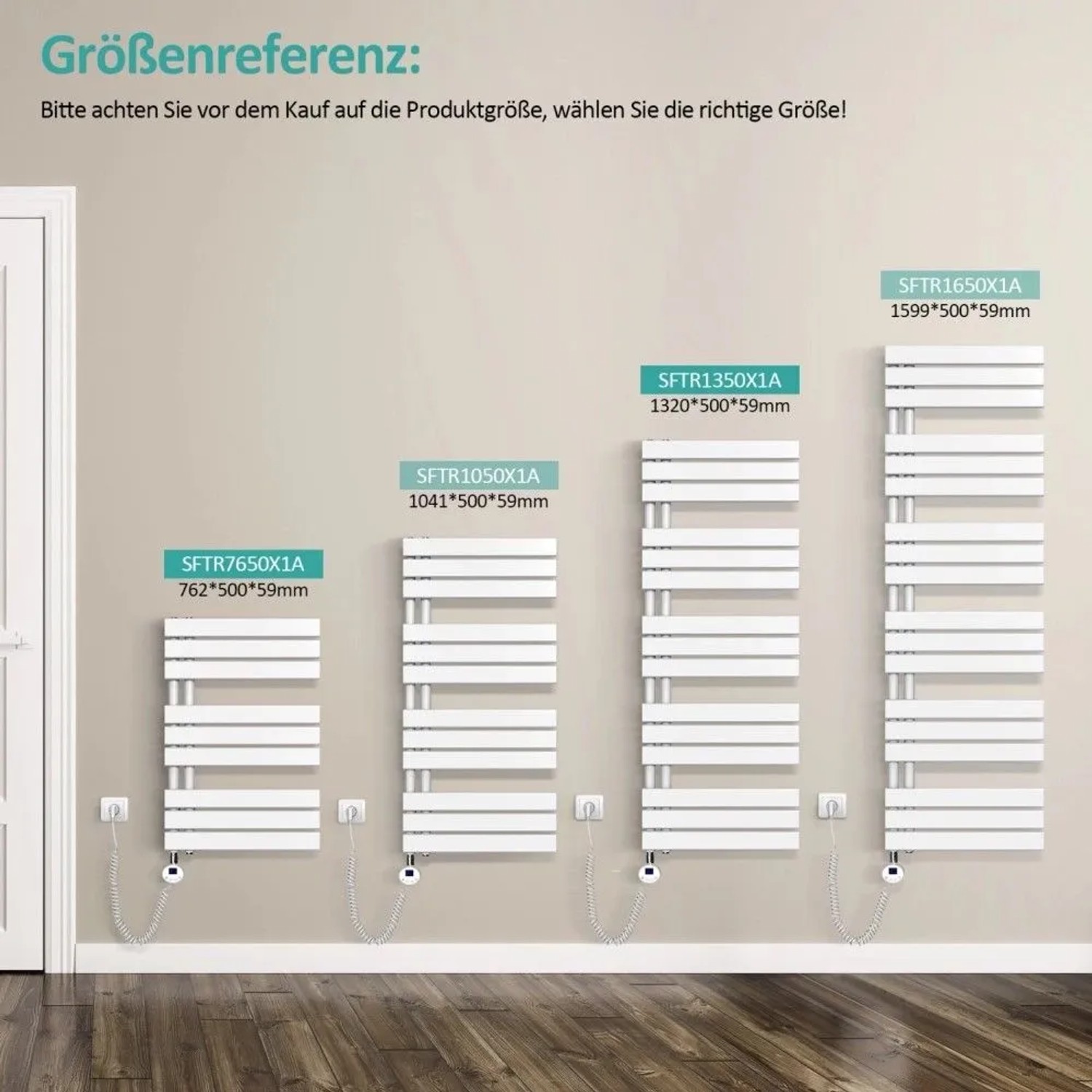 Vier weiße Emke elektrische Badheizkörper in verschiedenen Größen an einer Wand, mit Thermostat.