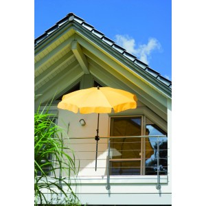 Schneider Foxi Schirmhalterung in Anthrazit am Balkongeländer mit gelbem Sonnenschirm.