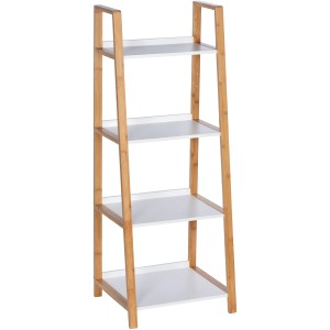 Wenko Regal Finja aus Bambus mit 4 weißen MDF-Etagen, braunes Gestell.