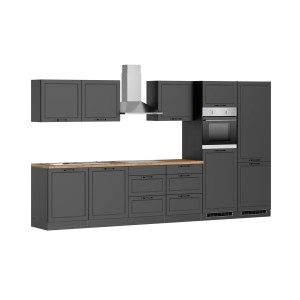 Moderne graue/graphitfarbene Küchenzeile Kempten 360 cm mit E-Geräten und autarkem Kochfeld.