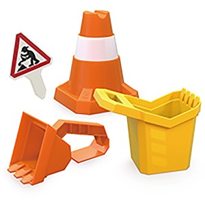 Hape Sandspielzeug-Set, 4-teilig: Eimer, Schaufel, Kegel und Warnschild für den Sandkasten.