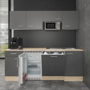 Flex-Well Büroküche Morena, 210 cm, Basaltgrau/San Remo Eiche: Singleküche mit E-Geräten wie Kühlschrank und Geschirrspüler.
