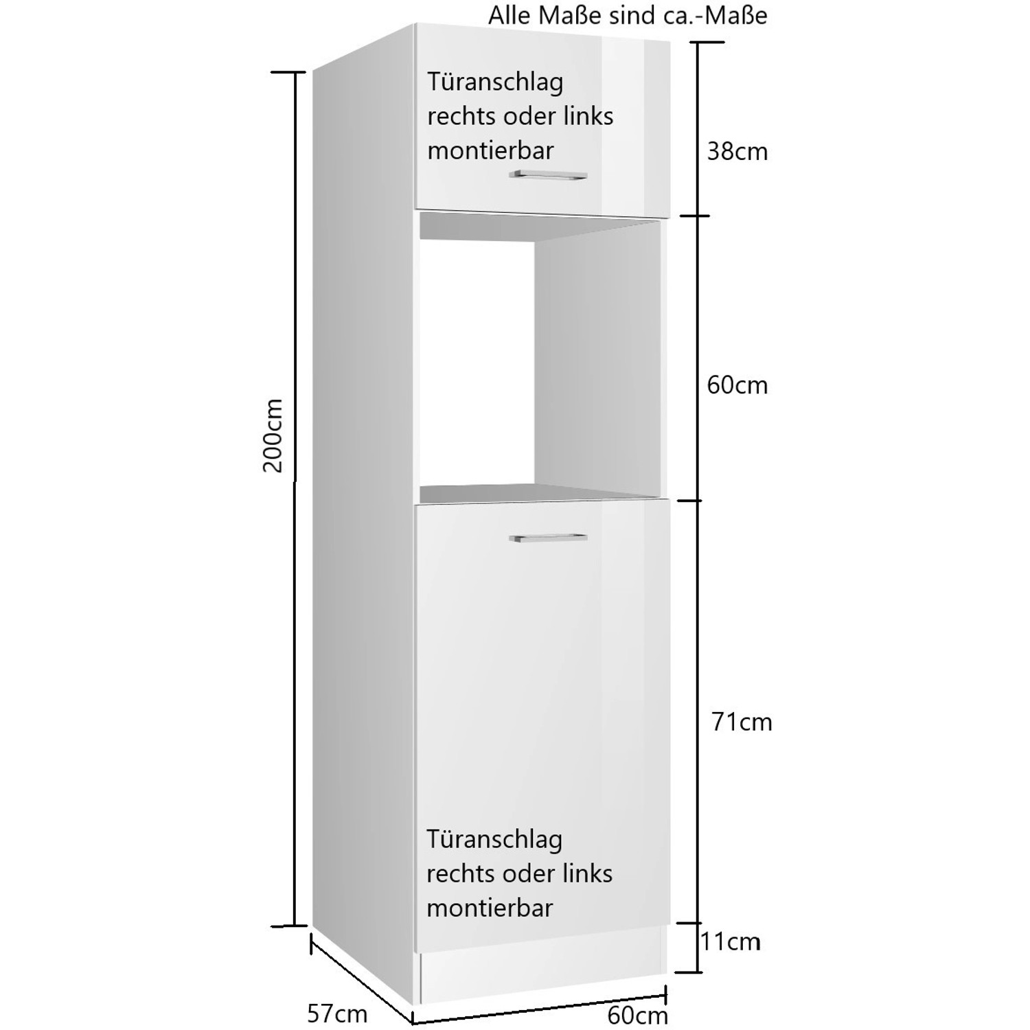 Held Möbel Ofenumbauschrank Mailand, 60 cm, Hochglanz Weiß, Vorratsschrank mit Tür und offener Nische.