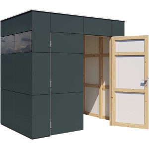 Modernes, anthrazitfarbenes Bertilo Gartenhaus HPL Mini mit geöffneter Tür und Fenster.