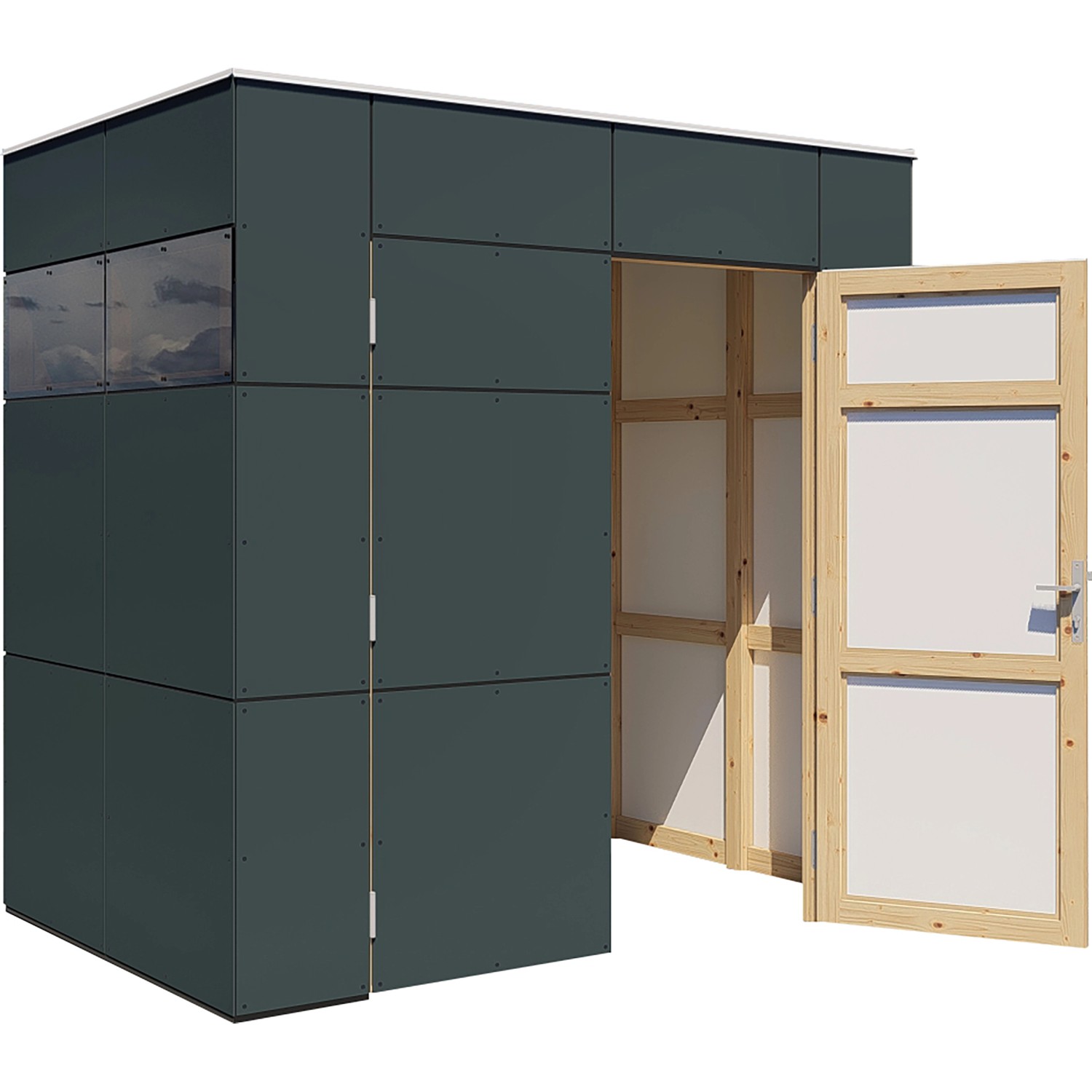 Modernes, anthrazitfarbenes Bertilo Gartenhaus HPL Mini mit geöffneter Tür und Fenster.