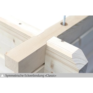Detailaufnahme der Eckverbindung des Skan Holz Gartenhauses Stavanger. Holz-Gartenhaus mit symmetrischer Eckverbindung.