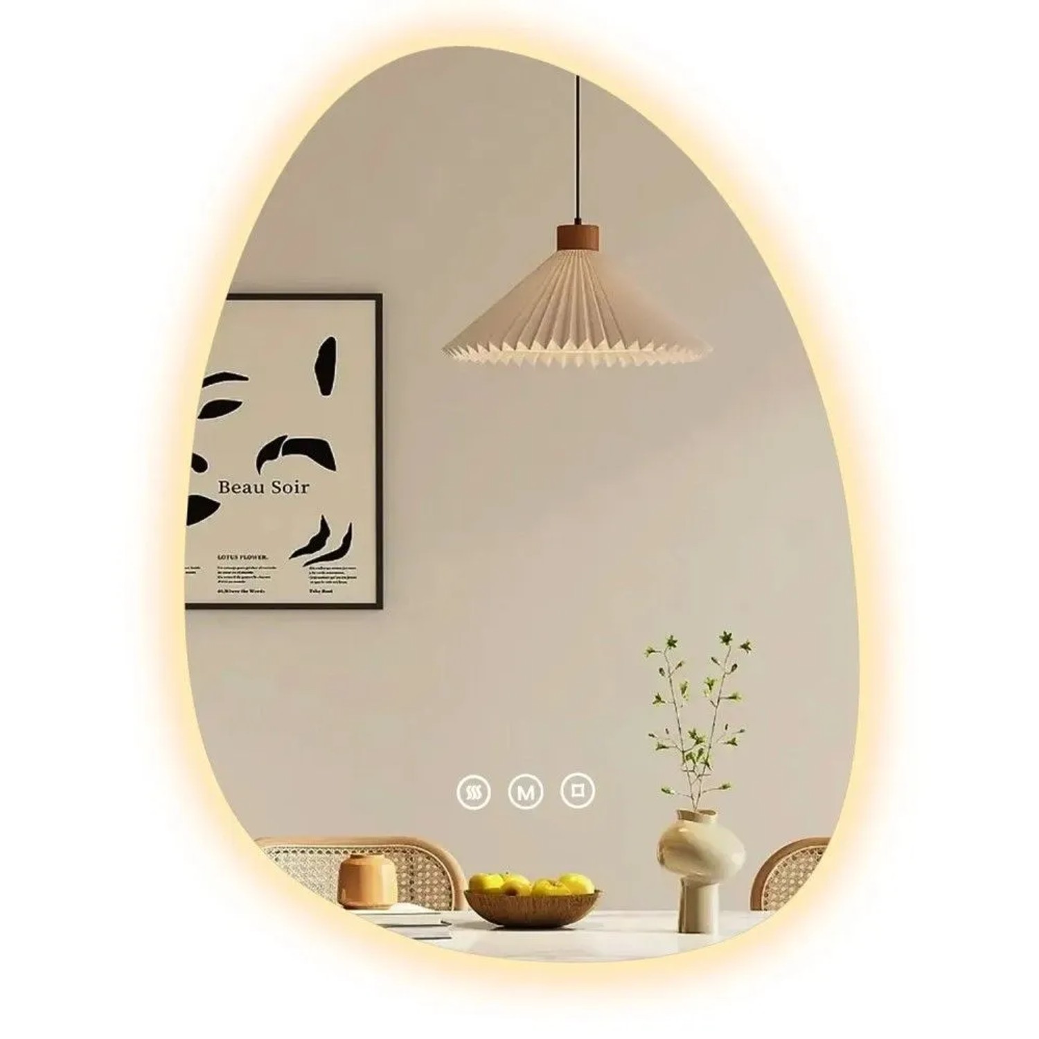 Asymmetrischer Emke LED Badspiegel mit Anti-Beschlag, dimmbaren Lichtfarben und Touch-Bedienung. Modernes Design für Ihr Bad.