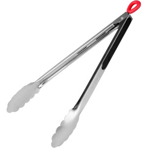 Grillzange aus Edelstahl, 34 cm lang, mit roter Schlaufe. Grillutensil für einfaches Wenden von Grillgut.