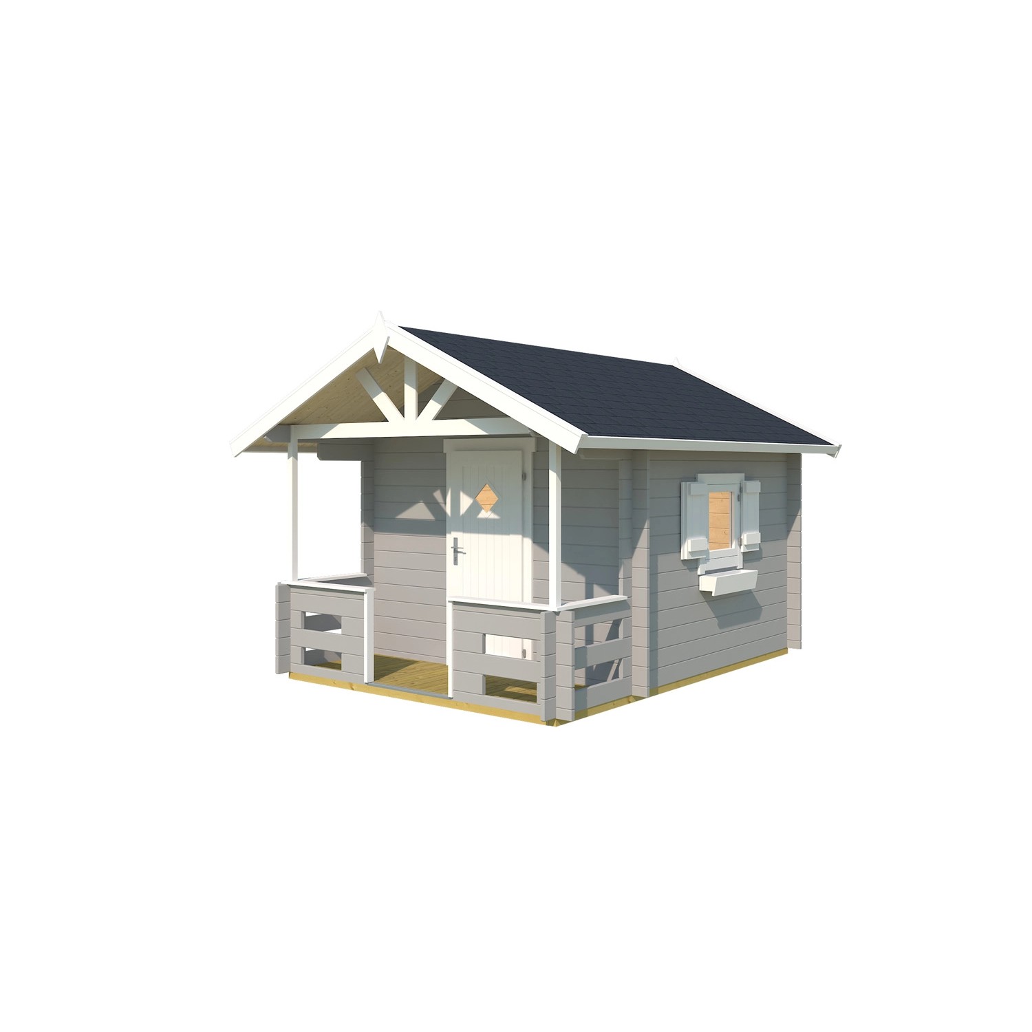 Lichtgraues Kinderspielhaus Lido von Lasita Maja mit Terrasse, Fenster und Tür.