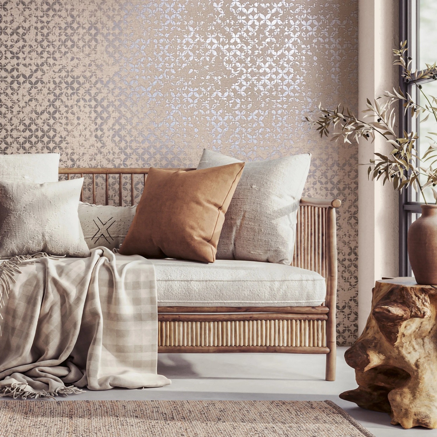 Moderne Vliestapete mit grafischem Sternenmuster in Creme und Glanz für Wohnraum.