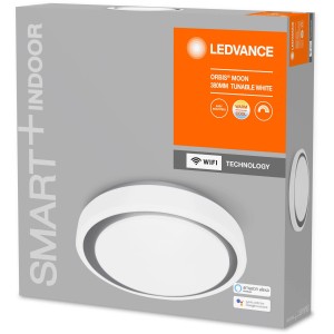 Verpackung der Ledvance Smart+ WiFi Deckenleuchte Orbis Moon, weiß-silber, Ø 38cm, Tunable White.