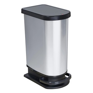 Rotho Treteimer Mono Paso, 50 l, silberfarbener Mülleimer mit Pedal und schwarzem Deckel.