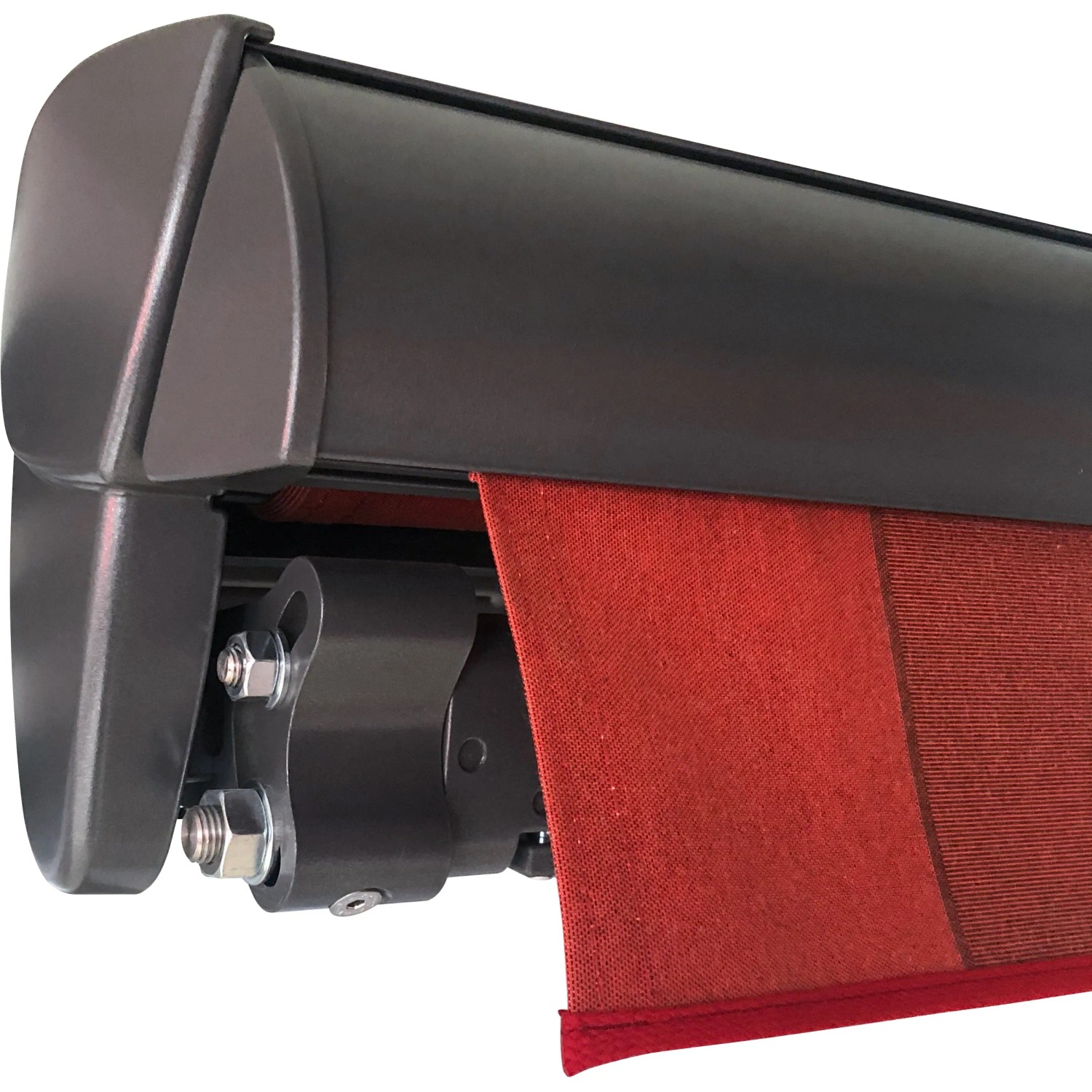 Detailansicht der anthrazitfarbenen Wismar Teilhülsenmarkise mit dunkelgrauem Stoff.