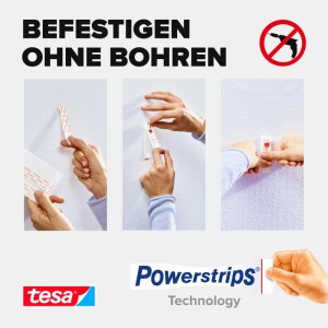 Anleitung: Tesa Klebenagel für Tapeten und Putz ohne Bohren anbringen. Verstellbarer Nagel hält bis 1 kg.
