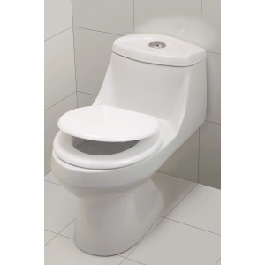 Weißer WC-Sitz Vipos mit Holzkern und robusten Kunststoffscharnieren.