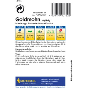 Kiepenkerl Goldmohn Mischung, mehrfarbig. Blumensamen-Packung mit Infos zu Aussaat, Keimung und Blütezeit.