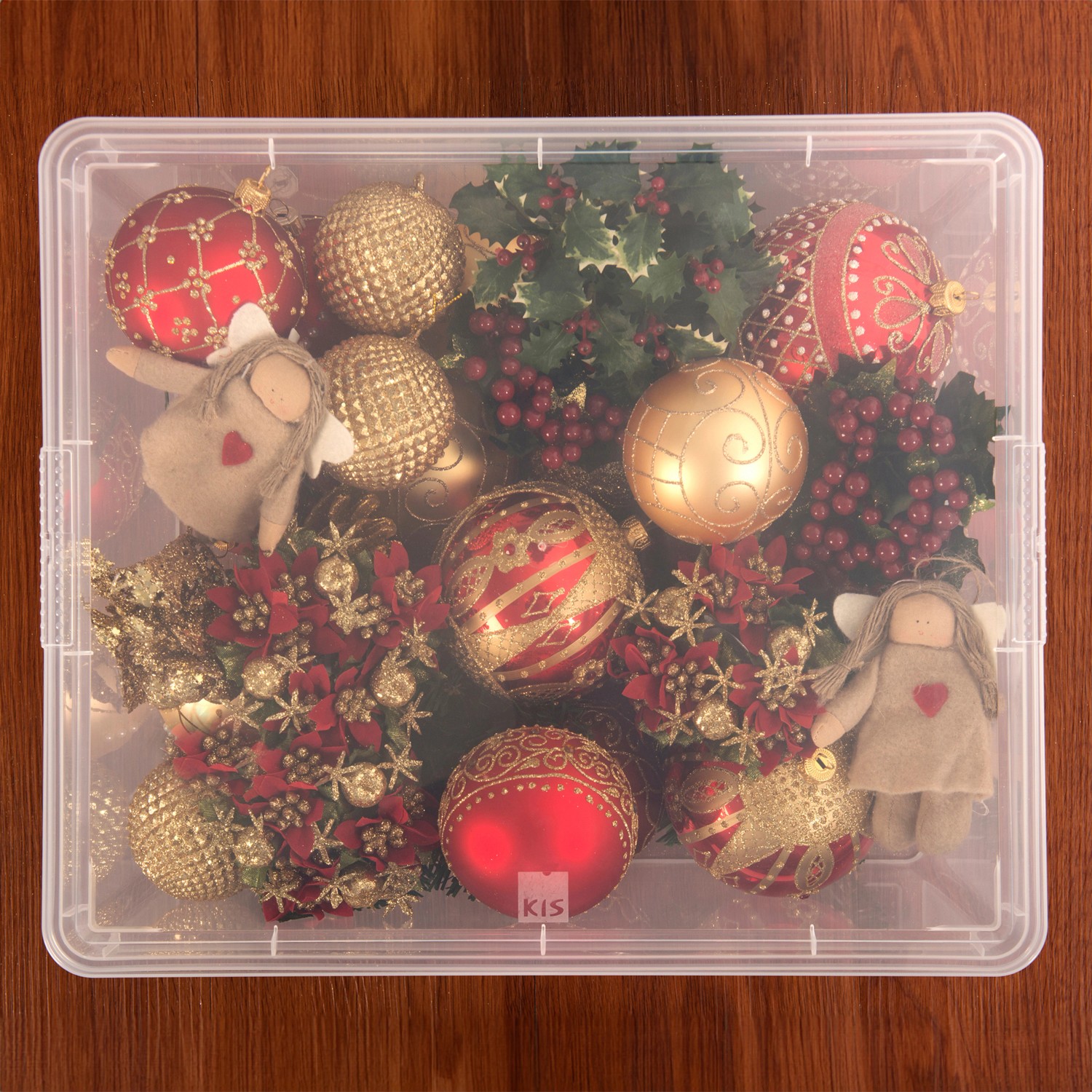 Transparente KIS Aufbewahrungsbox C XXS mit Weihnachtsdeko und Deckel.