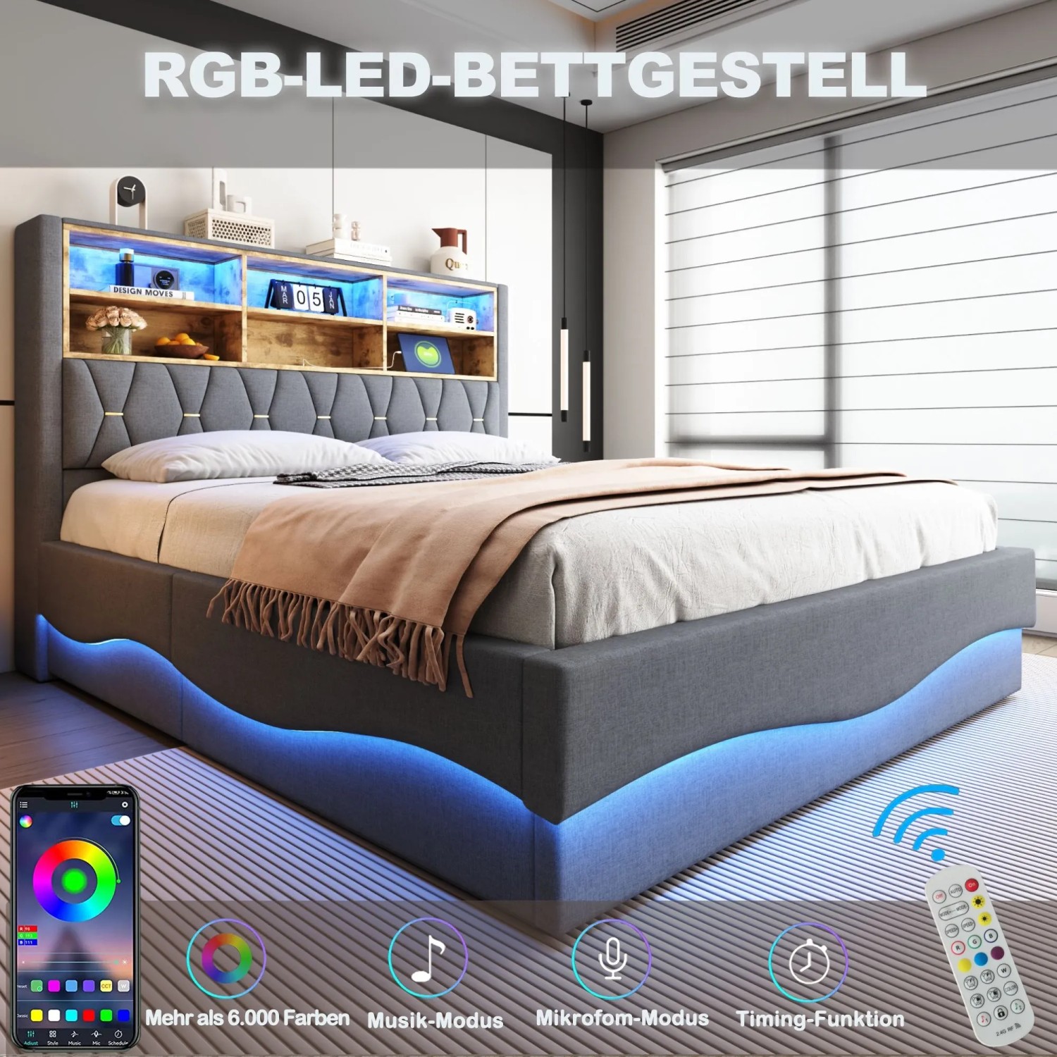 okwish Kinderbett 180x200cm mit LED Stauraum Kinderzimmer Grau ohne Matratze_7