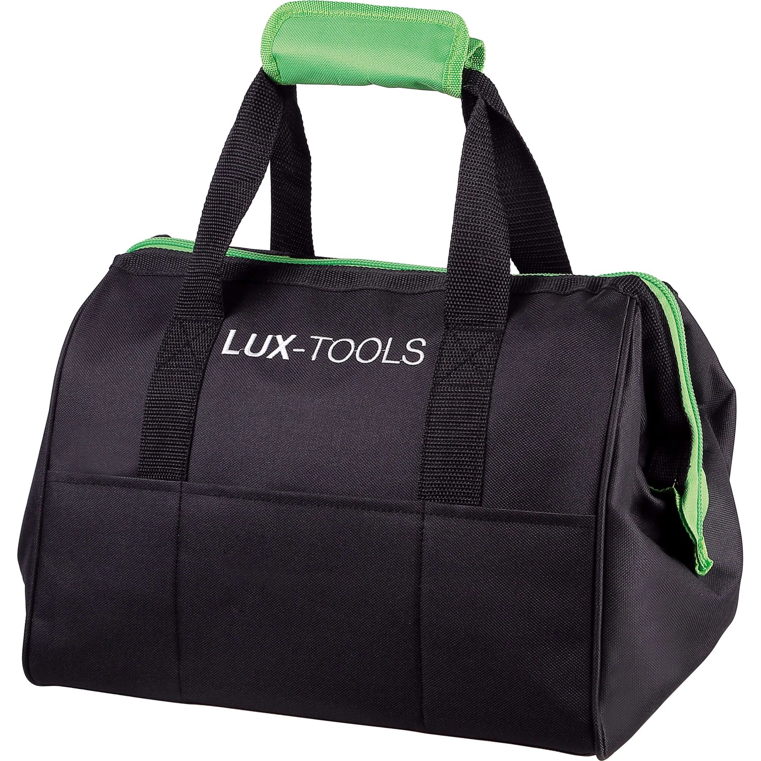 Schwarze LUX-TOOLS Werkzeugtasche mit grünen Akzenten für Akku-Maschinen-Set.