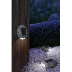 3er Set Globo LED-Solarleuchten in Steinoptik, grau. Dekorative Außenbeleuchtung aus Kunststoff.