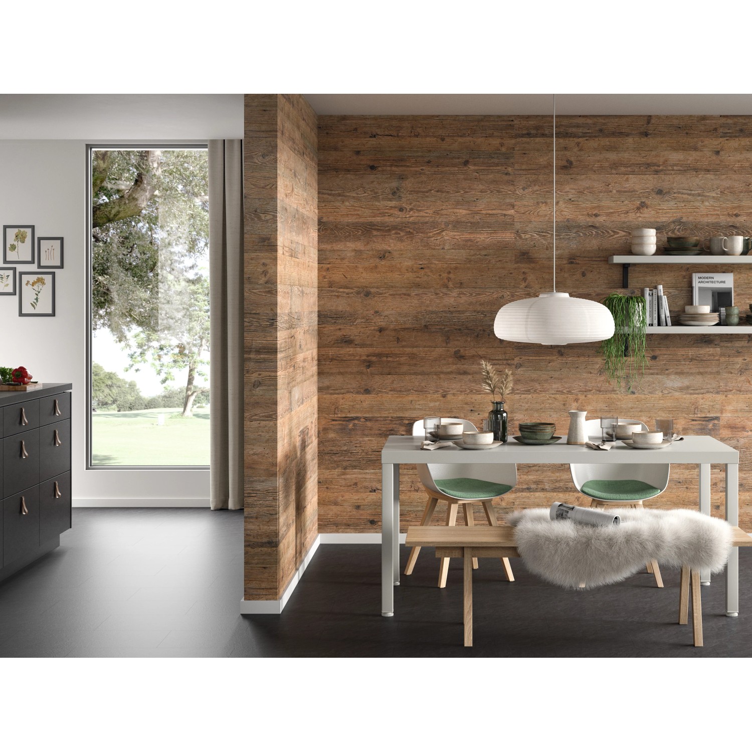 Esszimmer mit Egger DecoWall Wandpaneelen in Fichte Natur. Holzoptik Dekor-Paneele für die Wandgestaltung.