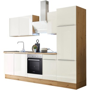 Respekta Küchenzeile Marleen 280 cm in Artisan-Eiche und Weiß Hochglanz mit E-Geräten.
