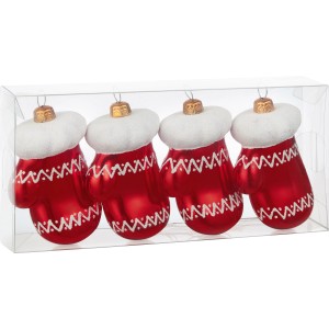 Baumschmuck-Set: 4 rote Fäustlinge mit weißen Verzierungen als dekorativer Baumbehang.
