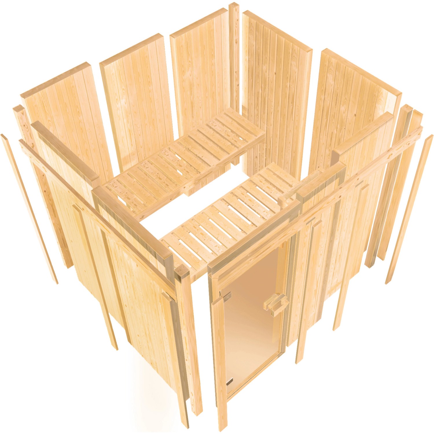 Karibu Sauna Oulu im Aufbau: Massivholzsauna mit Glastür, 9 kW Ofen und Saunabänken.