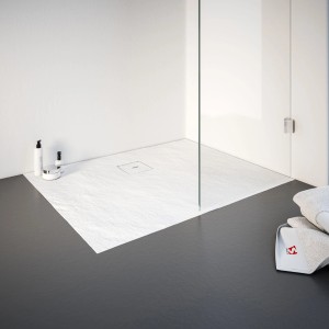 Rechteckige Schulte Duschwanne ExpressPlus, 100x75 cm, Alpinweiß mit Steinoptik und Ablaufgarnitur.