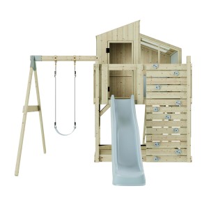 PolarPlay Kinderschaukel Lotta Eisblau mit Rutsche und Kletterwand für den Garten.